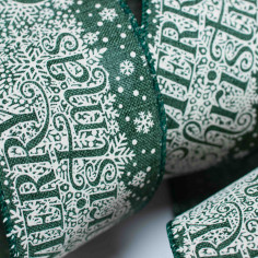 Nastro in Tessuto con Stampa Bianca Merry Christmas e Bordo Animato verde texture