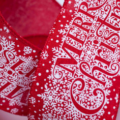 Nastro in Tessuto con Stampa Bianca Merry Christmas e Bordo Animato rosso scritte