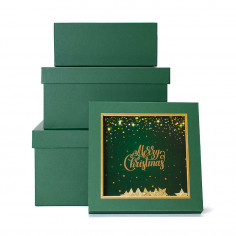 Scatole in Cartone Rigido Quadrata Verde con Finestra Merry Christmas Oro