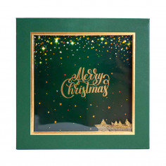 Scatola in Cartone Rigido Quadrata Verde con Finestra Merry Christmas Oro coperchio