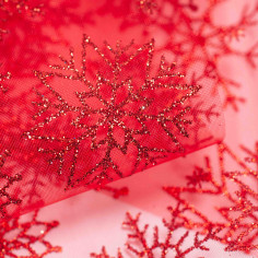 Nastro in Organza con Glitter a Fascia Larga con Fiocchi di Neve rosso dettaglio