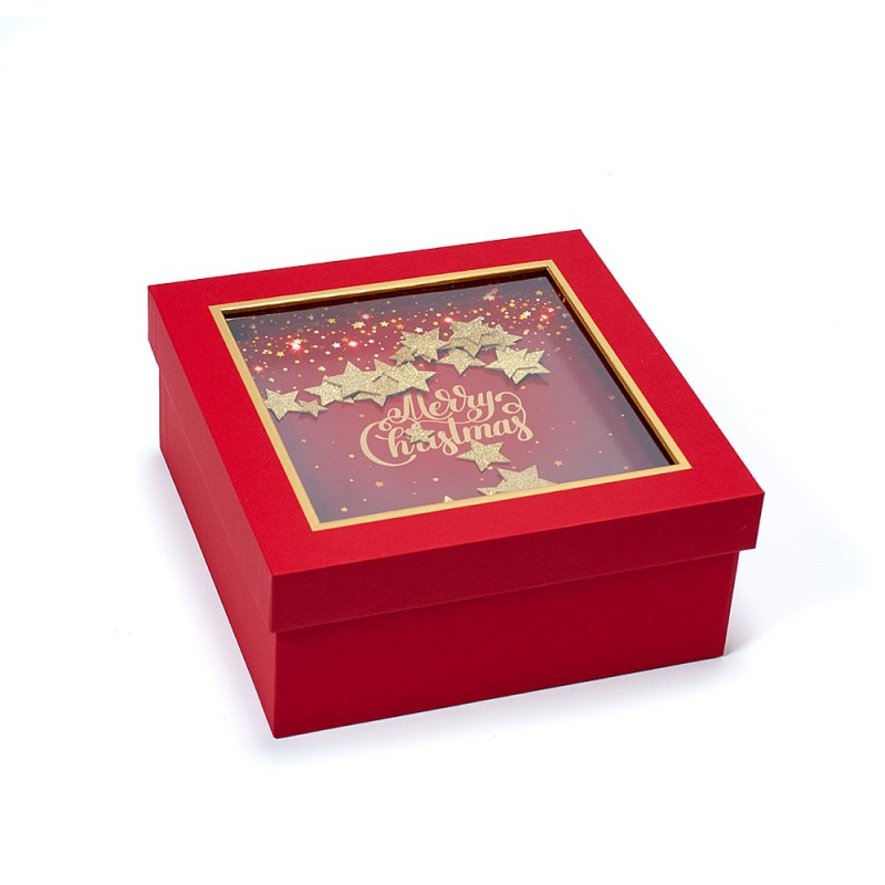 Scatola Rigida Quadrata con Finestra Merry Christmas - Rosso piccola alto